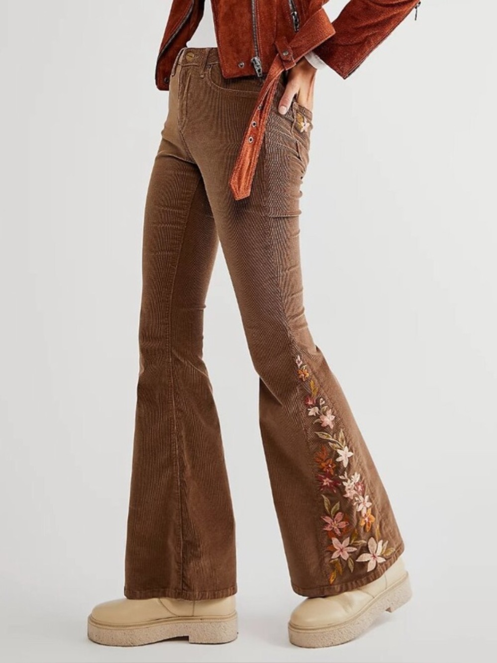 Driftwood Farrah Corduroy Flare Pants with Floral Embroidery - Brown Sz 26